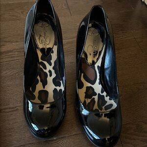 Black Patent Leather Heels with Leopard Print Insole
